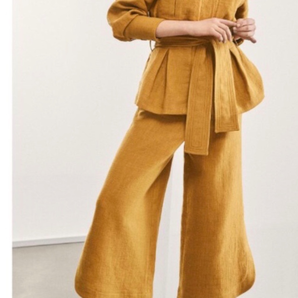 Massimo dutti yellow linen wide leg high rise crop pants